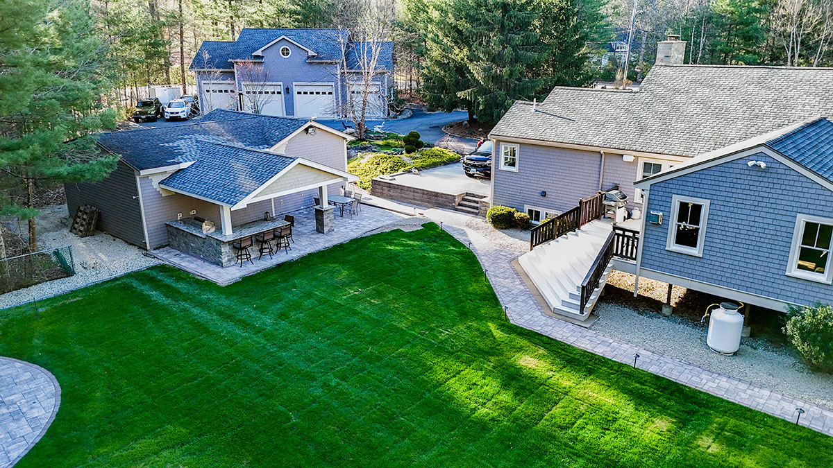 Aerial view of a hardscape project in West Bridgewater, MA